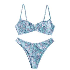 Women's Underwire Bikini Floral High Cut Bikini Set V-Wired Two Piece Swimsuit Bathing Suit (Option: Bule-M)
