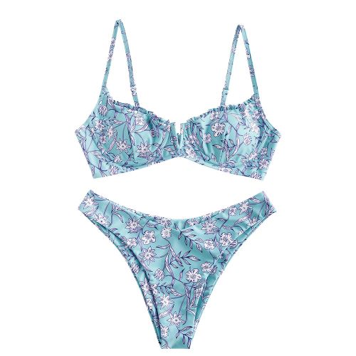 Women's Underwire Bikini Floral High Cut Bikini Set V-Wired Two Piece Swimsuit Bathing Suit
