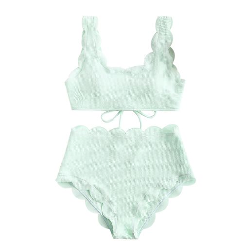 Women's High Waisted Lace Up Scalloped Textured Bikini Set