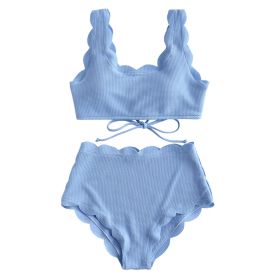 Women's High Waisted Lace Up Scalloped Textured Bikini Set (Option: Blue-S)